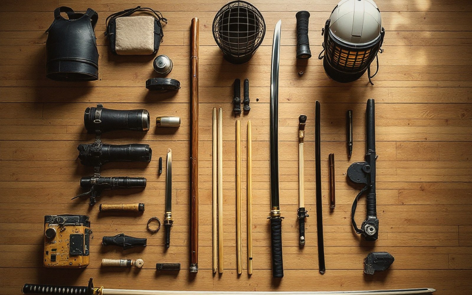 Samurai swords, armor, and kendo gear arranged neatly on a wooden floor