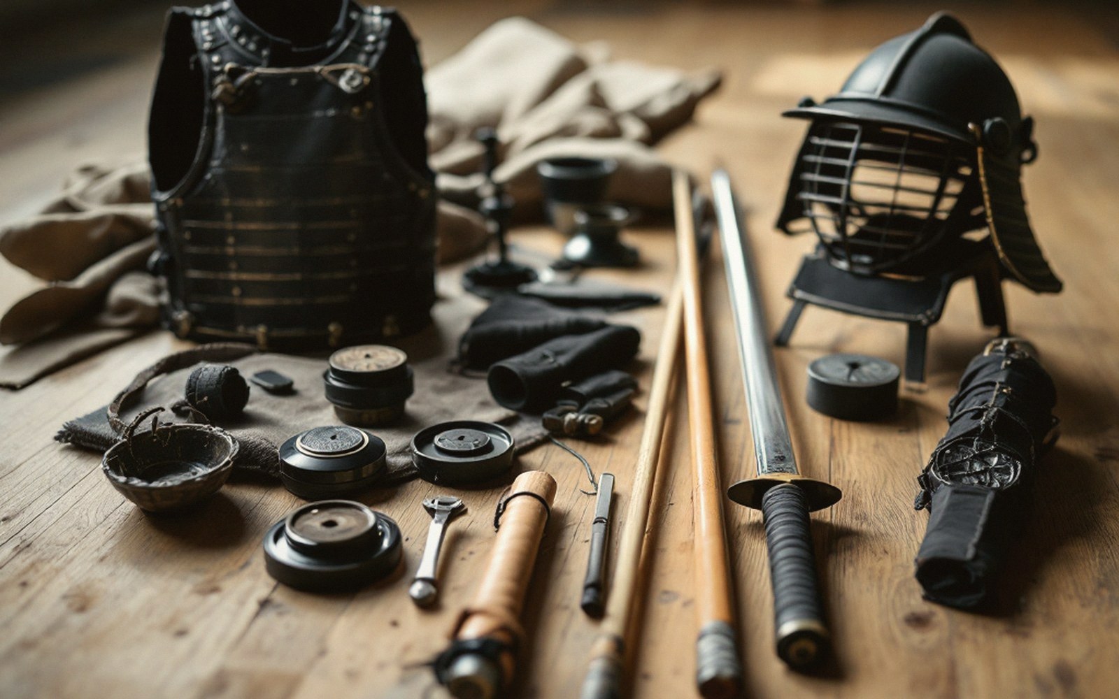 Samurai armor breastplate, kendo mask and sword laid out on a wooden table
